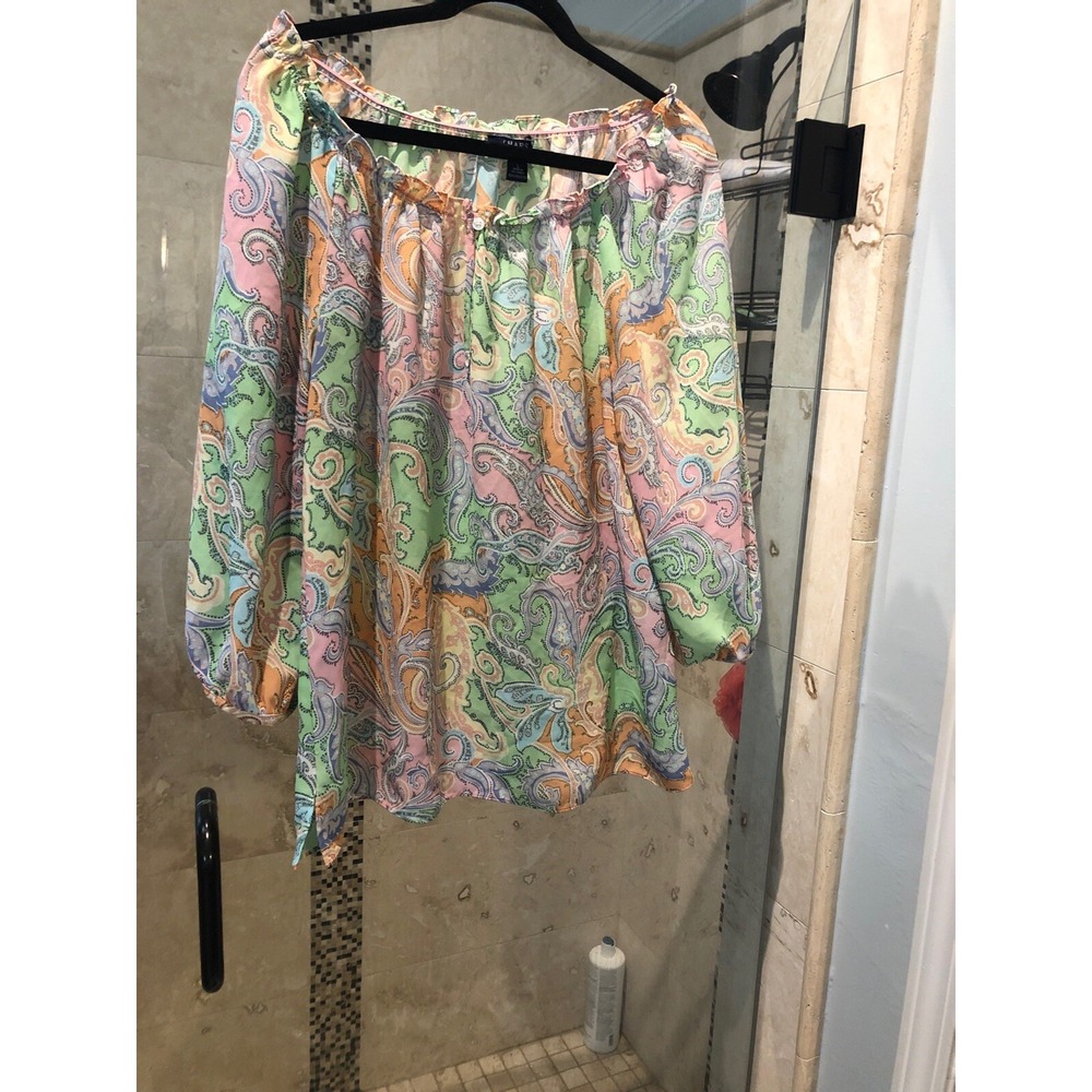 Chaps Off-Shoulder Top L Blue Floral Paisley Chiffon Pastel Long Sleeve Blouse